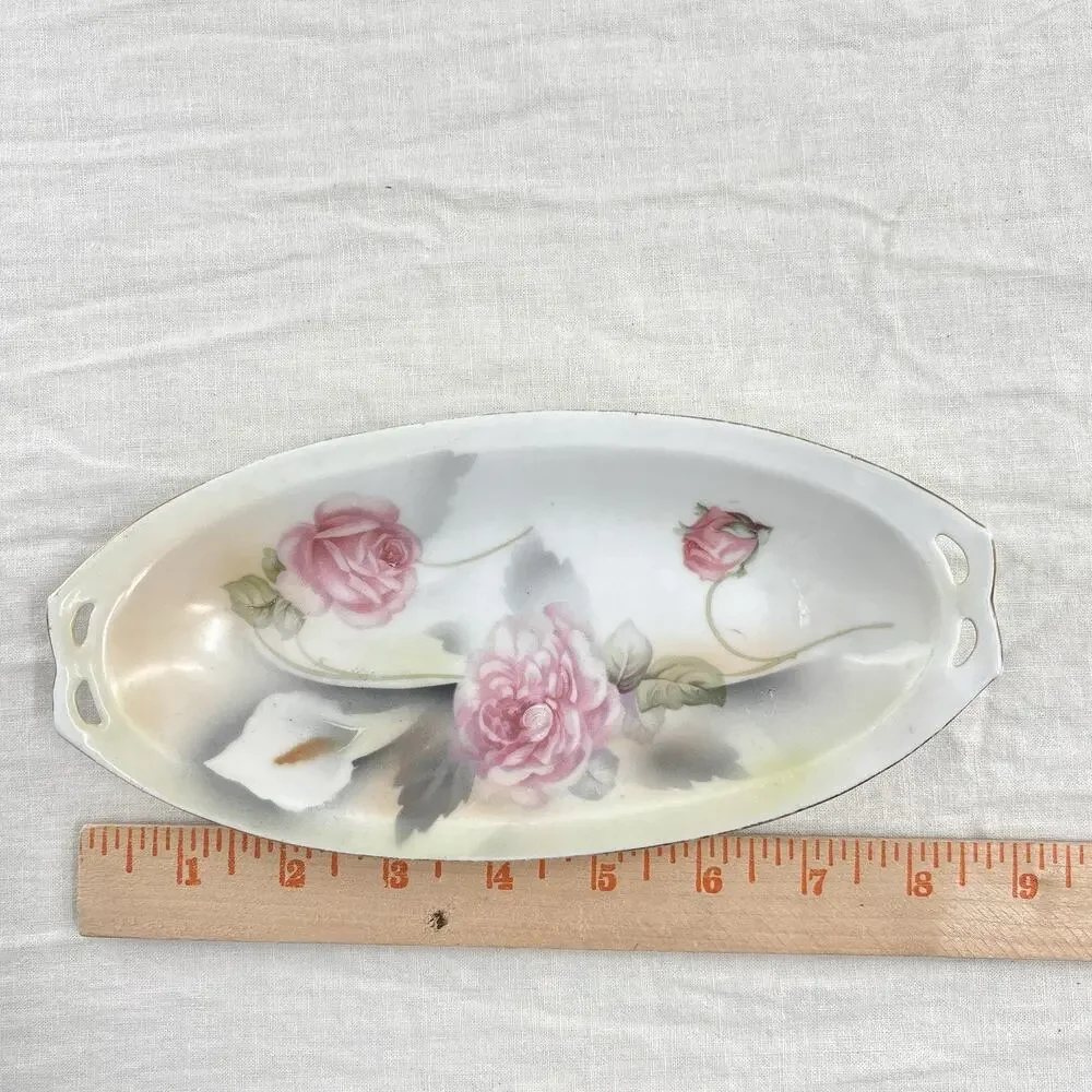Rose Porcelain Tray Hand Painted Pink Floral Trinket Dish Vanity Romantic 9x4